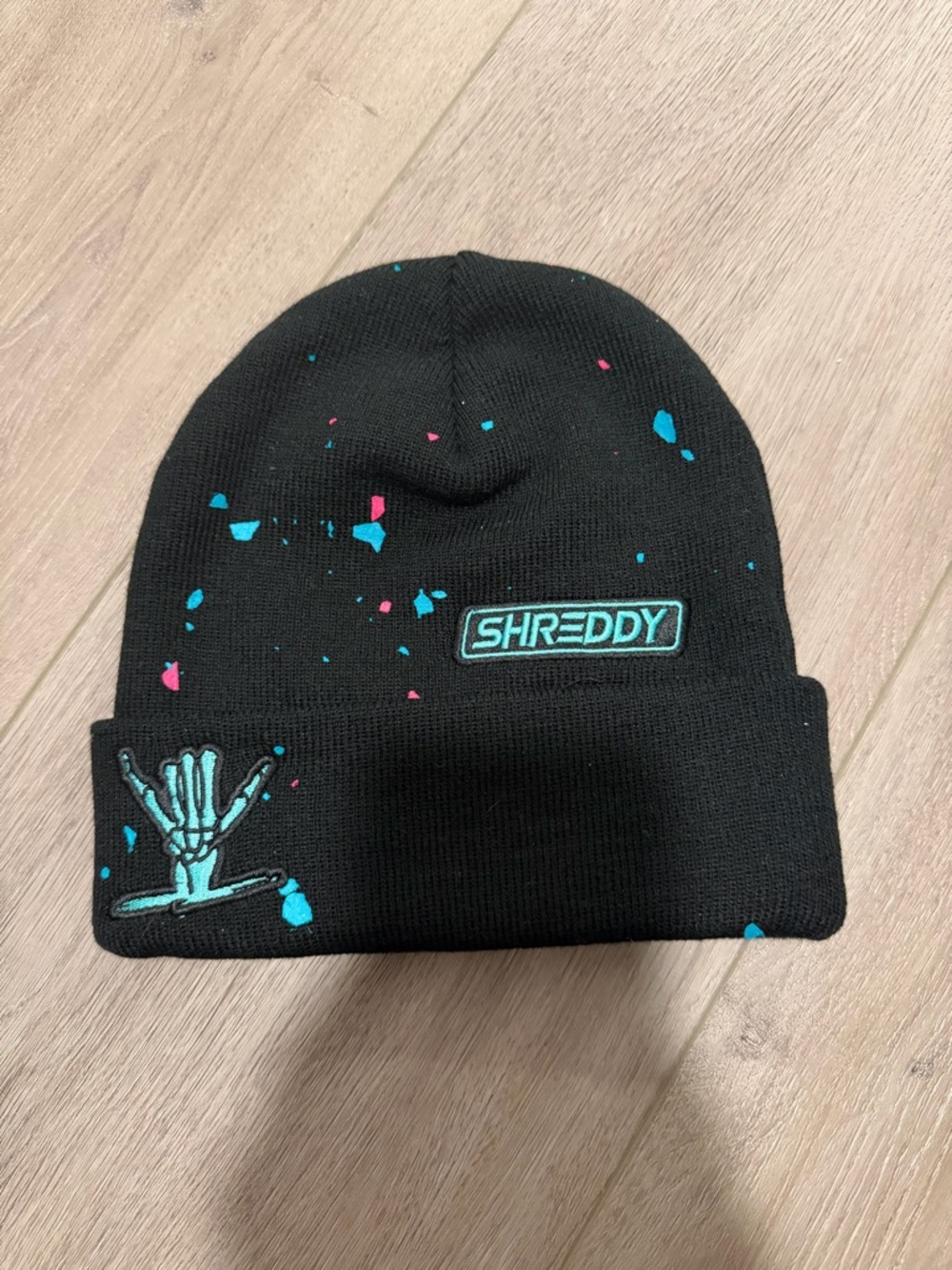 Black Beanie with Teal & Pink Splatter